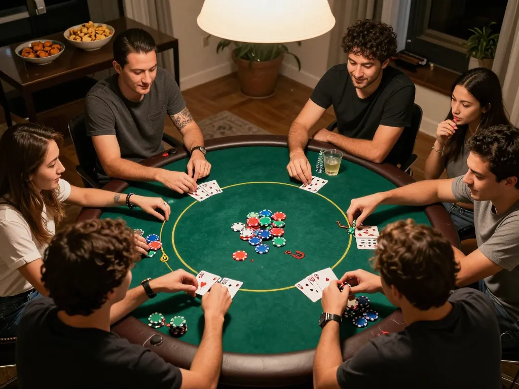 Friends enjoy an engaging poker game at home, highlighting the social aspect of casino europei online.