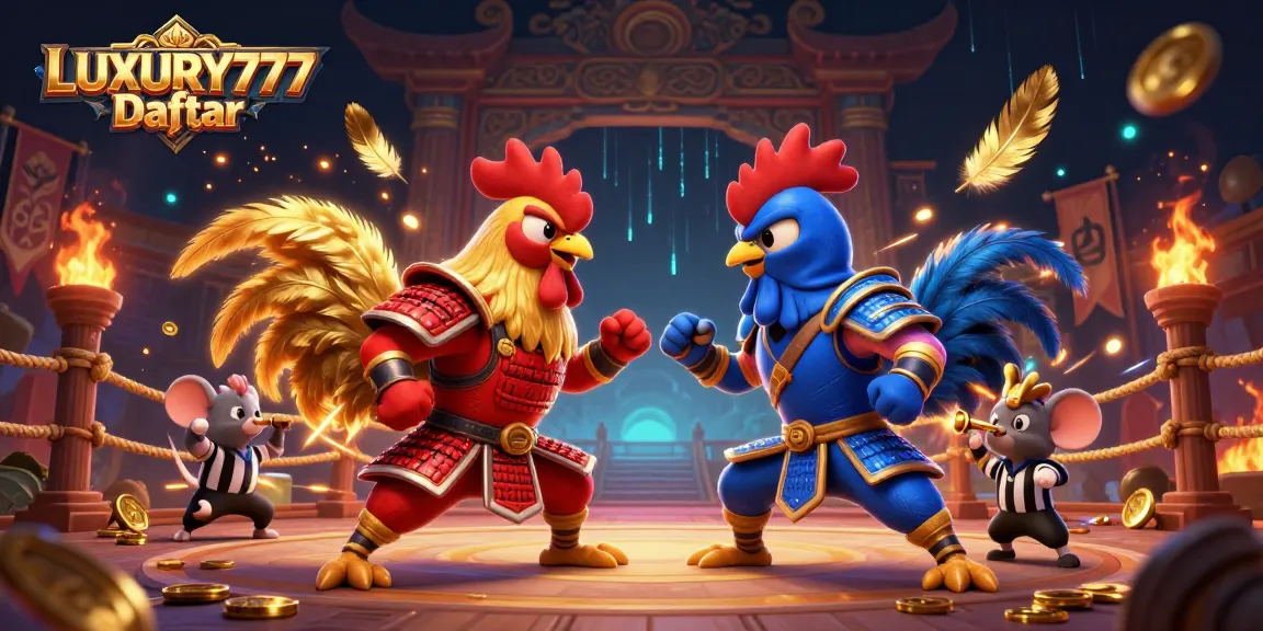 LUXURY777 Daftar, pertarungan mendebarkan antara dua ayam jantan 3D di arena judi dengan detail yang mengesankan.