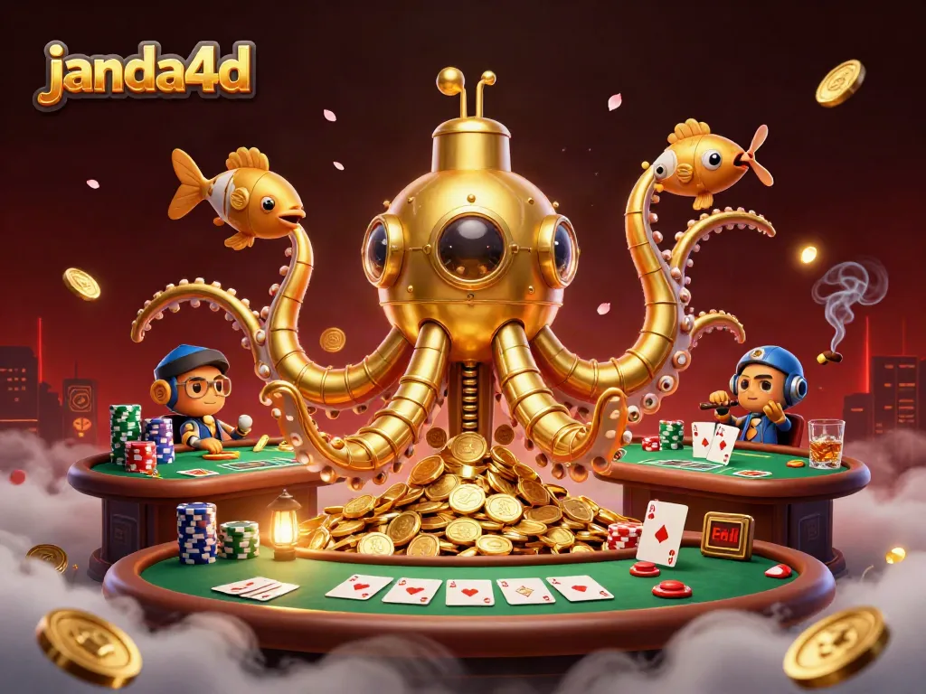 Janda4d menjelajahi dunia permainan, dikelilingi koin emas dan elemen poker.