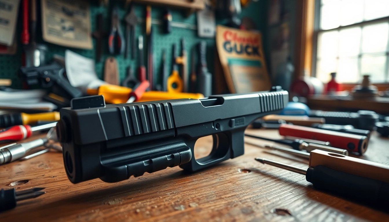 Showcasing a glock 17 slide oem on a workbench with tools for enhanced detail.