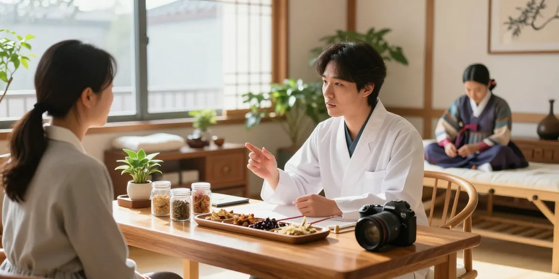Consultation at 수원한의원 showcasing herbal remedies and acupuncture tools in a calming environment.