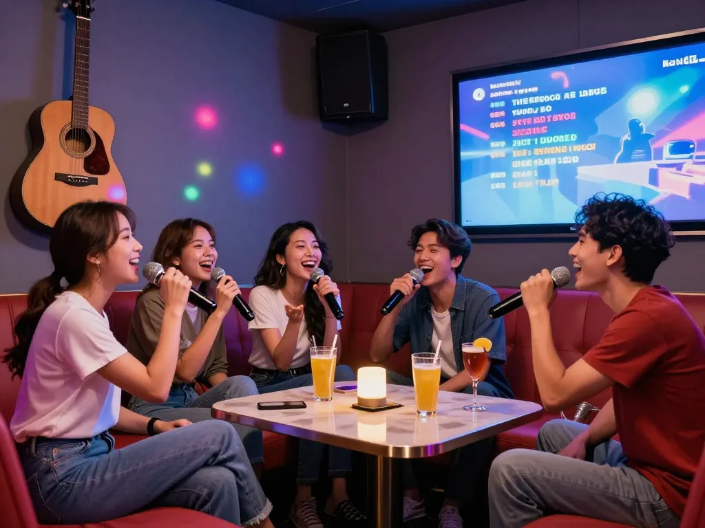 친구들이 음료와 웃음이 가득한 활기찬 노래방에서 서구청쓰리노를 즐기고 있습니다.