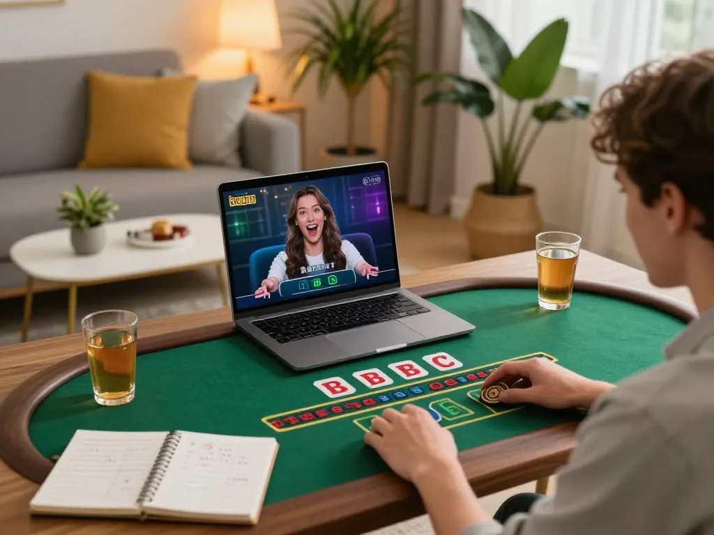 Player engaging in online blackjack using sunwinapk on a laptop in a cozy home setting