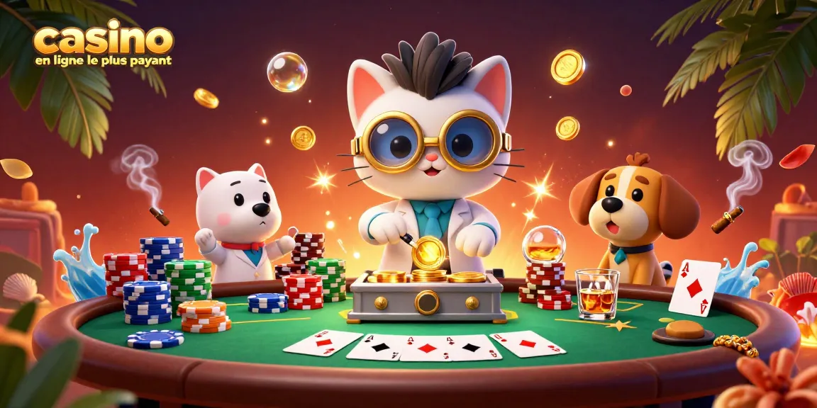 Illustration représentant un casino en ligne le plus payant, avec un chat scientifique et un chien assistant créant de l'argent sous forme de jetons.