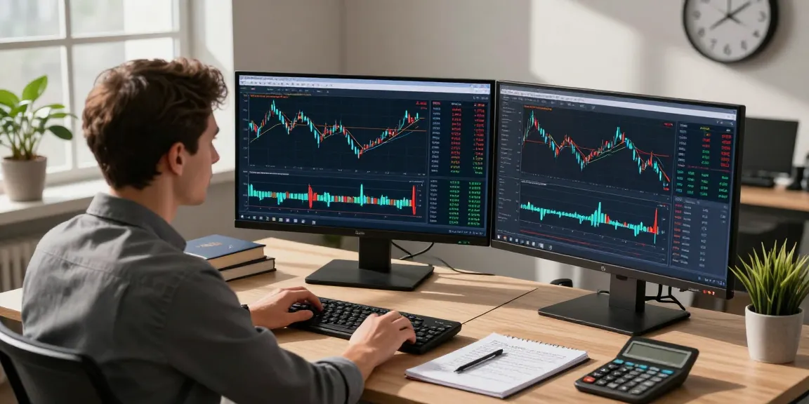 Engaged trader using MetaTrader 5 in a professional office showcasing market analysis tools.