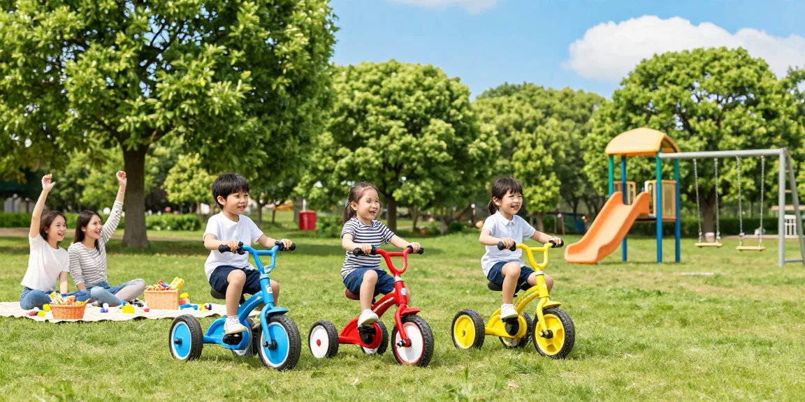 Kids riding the best kids tricycles in a sunny park, showcasing joy and outdoor fun.