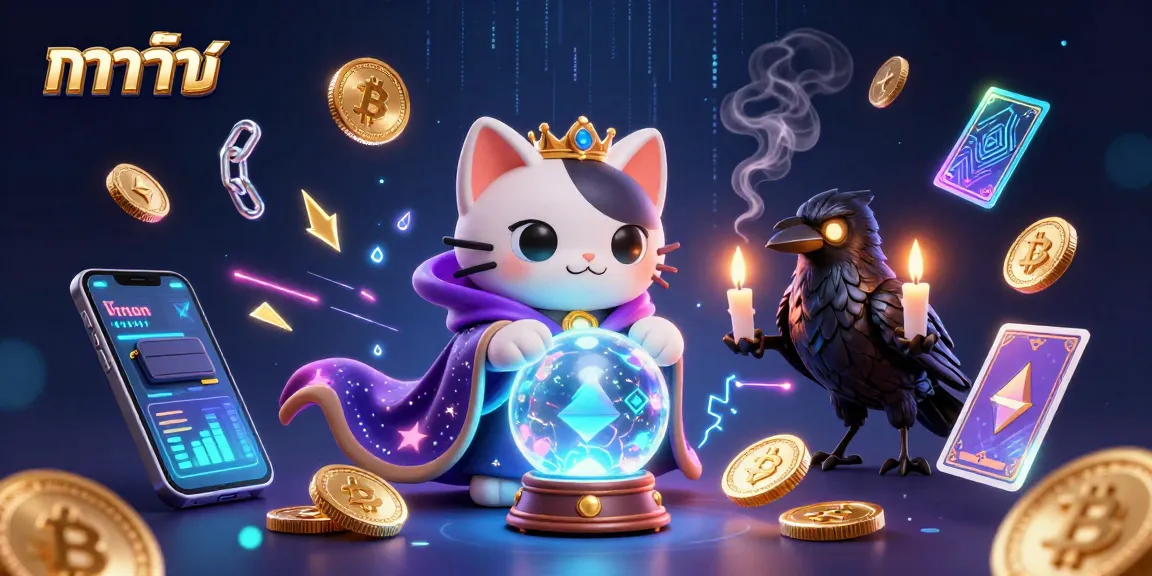 Engage in the thrilling game of บาคาร่า with a mystical cat, raven, and neon crypto elements.