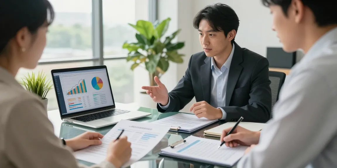 카드현금화 관련 상담을 하는 모습, 현대적인 사무실에서 전문가가 고객과 대화하는 장면