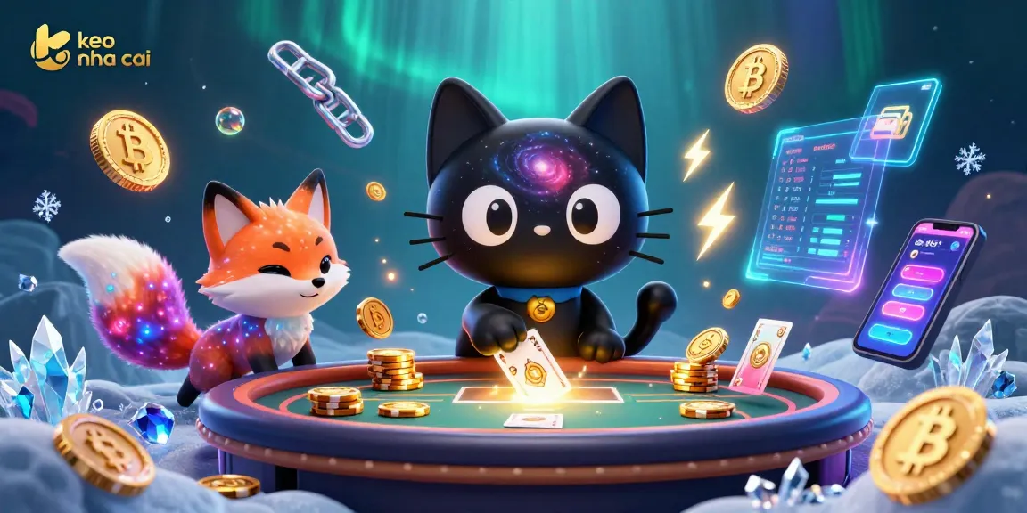 Engaging scene with keo nha cai cat attracting chips and cards at a cosmic casino table.