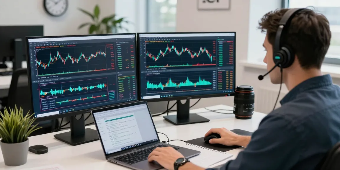 Trader using MetaTrader 5 platform in a modern office, showcasing trading charts and strategies.