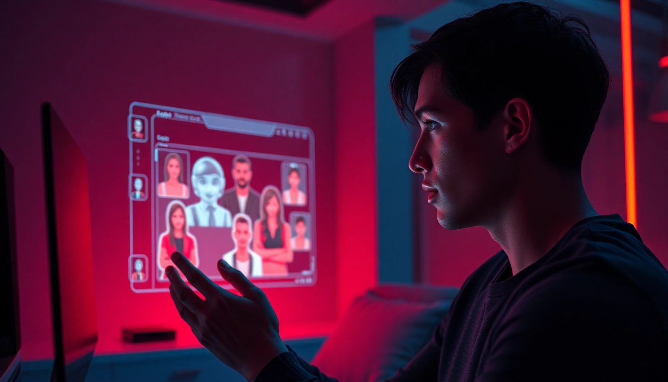 Engaging in an immersive nsfw ai chat with holographic avatars in a modern room ambiance.