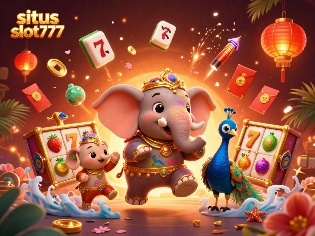 Spark excitement with situs slot777 in a vibrant 3D casino scene featuring an elephant and slot elements.