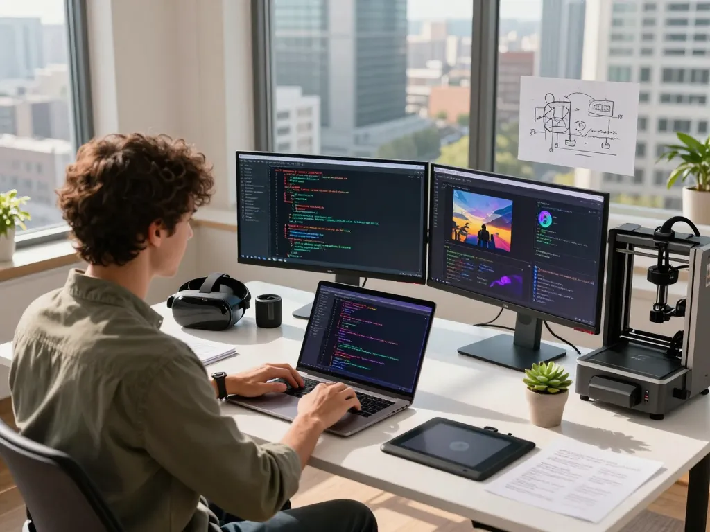 AI developer generating image to prompt from code in a modern workspace filled with technology.