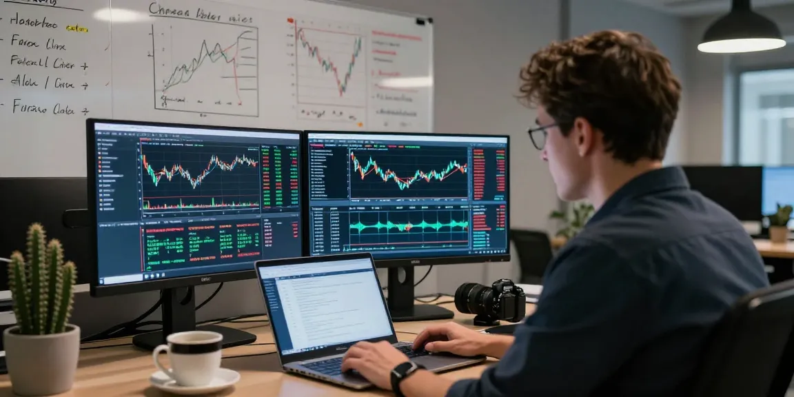Trader using mt4 platform analyzing Forex charts in a modern office.