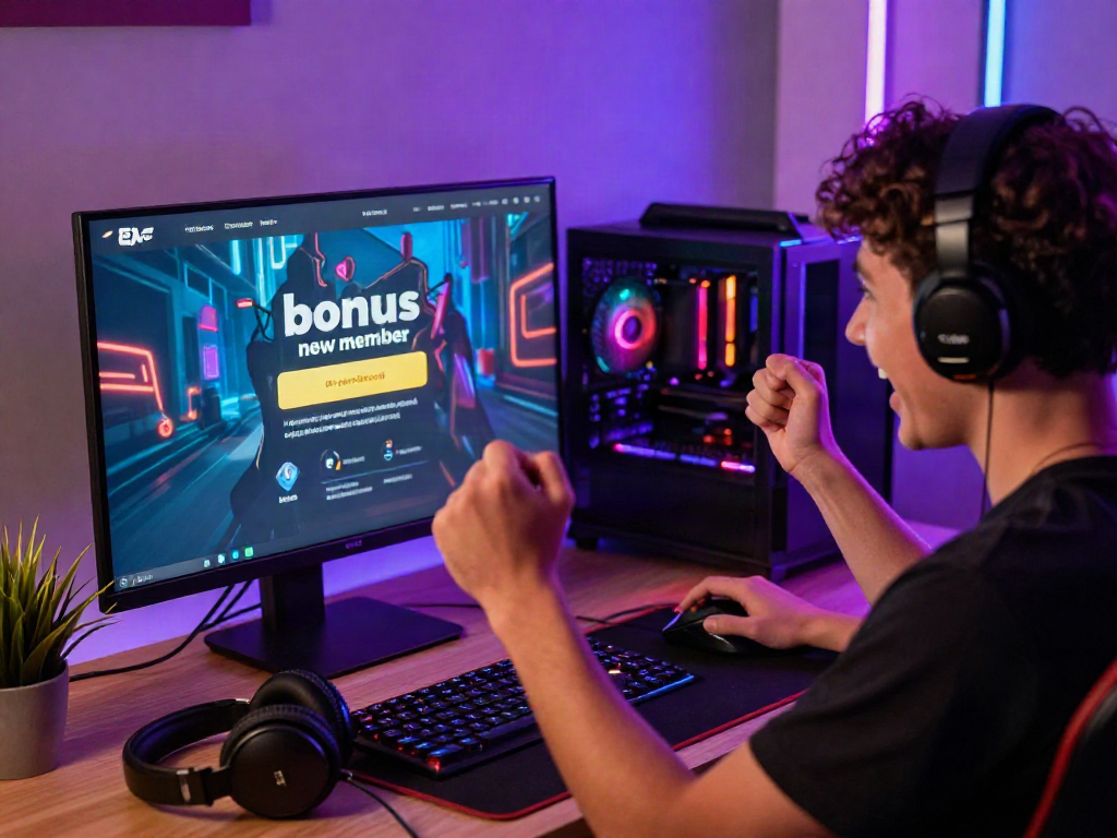 Excited user celebrating their bonus new member signup on a vibrant online gaming platform with dynamic visuals.