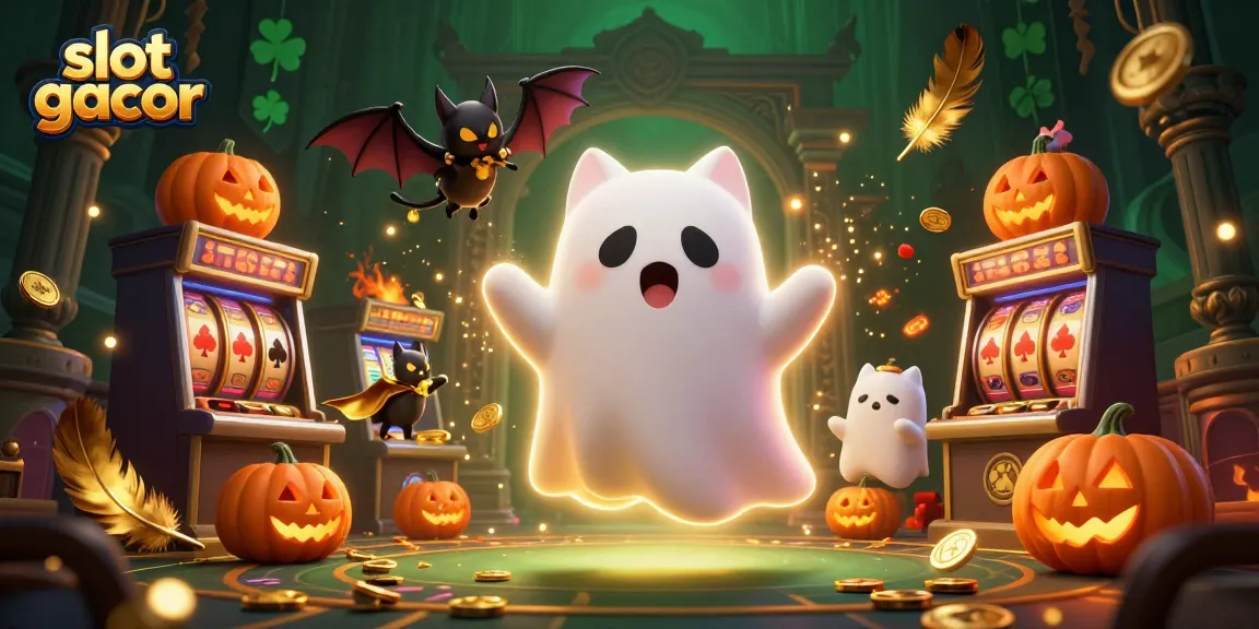 Spin the thrilling slot gacor with ghostly characters and vibrant casino elements in a haunted setting.