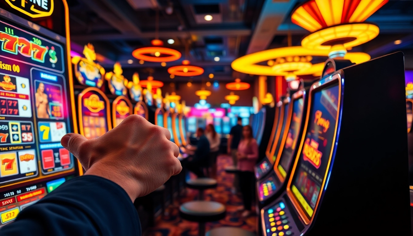 Menggambarkan pakde4d pengalaman kasino yang hidup dengan mesin slot dan pemain antusias.
