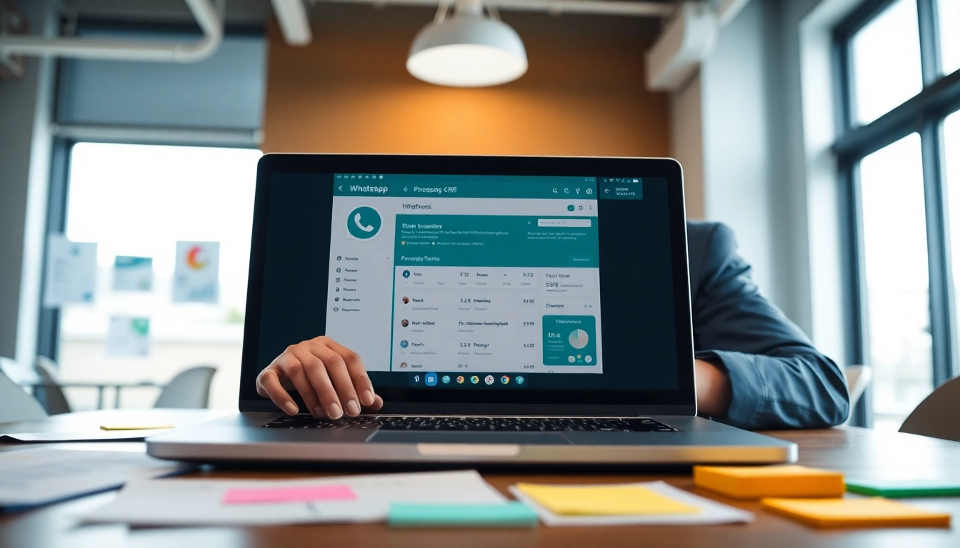 Enhance customer relations with WhatsApp Business CRM on a laptop in a professional setting.