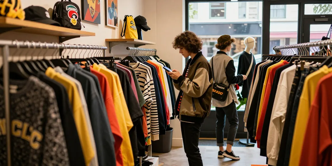 Young shopper at https://shs-dome5.com/ exploring trendy fashion in vibrant urban boutique.