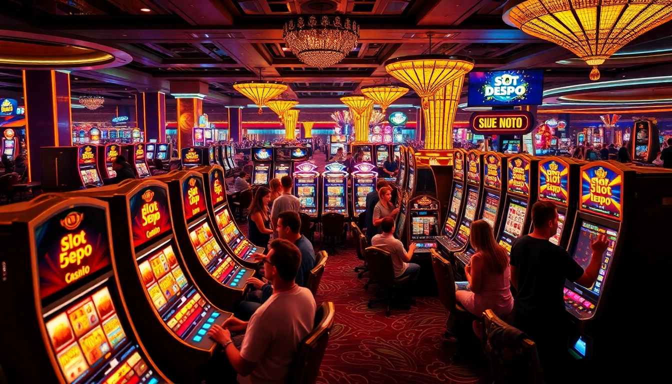 Pemain merasakan kegembiraan saat bermain mesin slot Depo 5rb di kasino yang ramai.