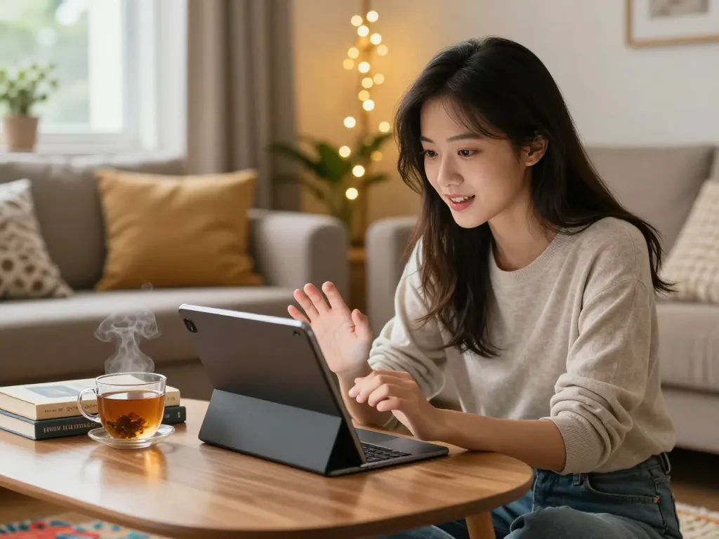 Young woman enjoying her ai girlfriend chat on a tablet in a cozy living room setting.