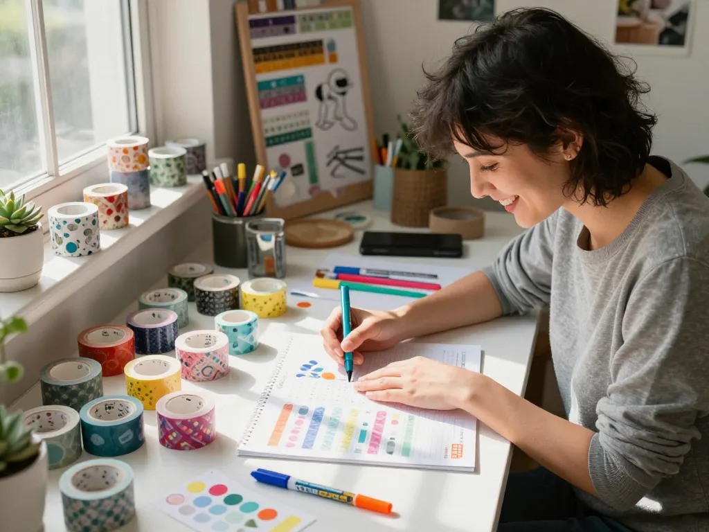 Artist designing planner layouts using colorful washi tape in a cozy workspace.