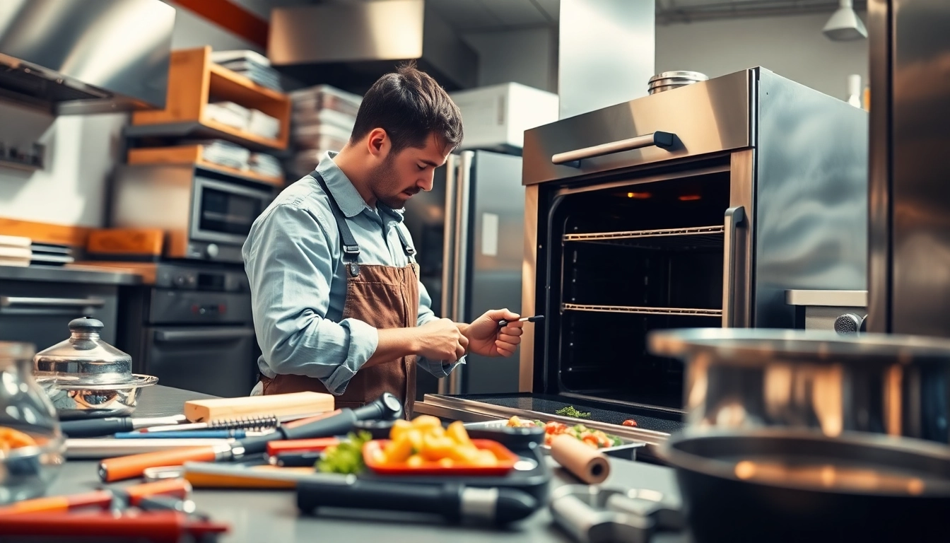 Expertly repairing commercial appliance repair in a vibrant kitchen environment.
