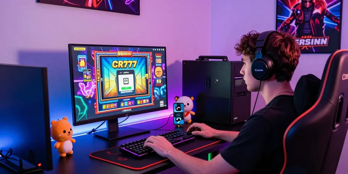 Pemain memainkan permainan apk slot di ruang gaming modern dengan aksesoris berwarna-warni.