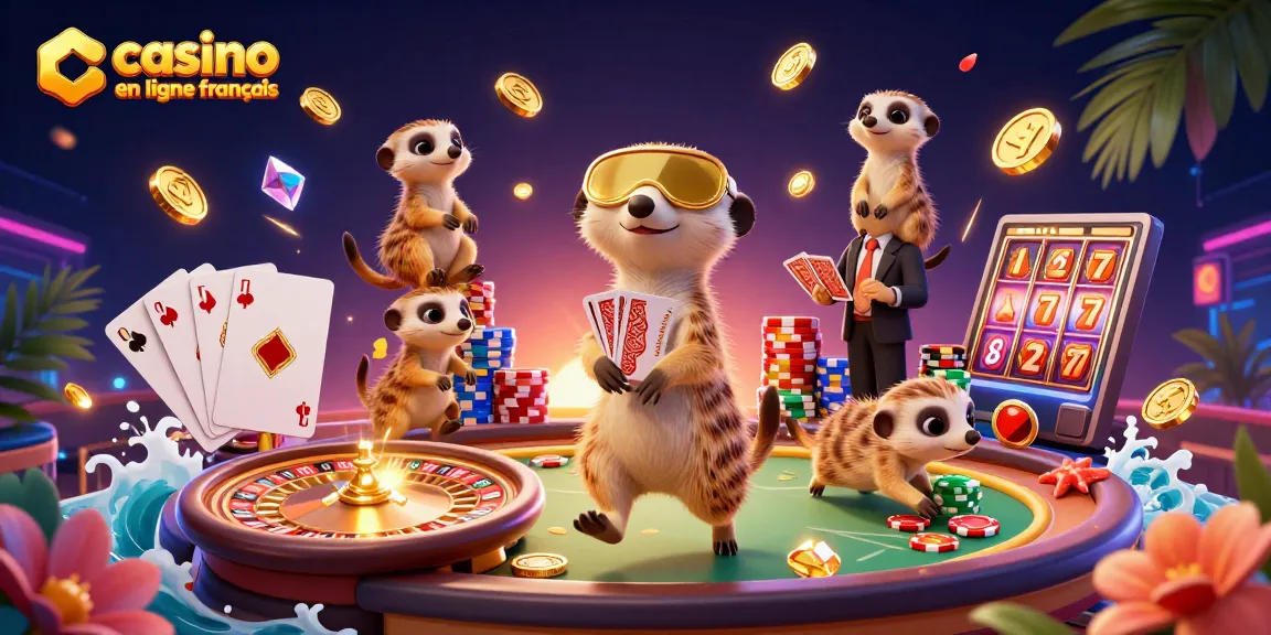 Jouer à des jeux passionnants dans un casino en ligne francais avec des meerkats animés autour de jetons et de pièces d'or.
