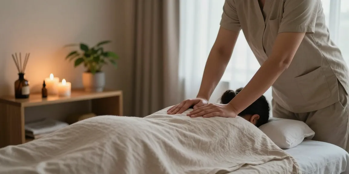 Massage therapy session in a serene room with soothing ambiance and aromatherapy oils.