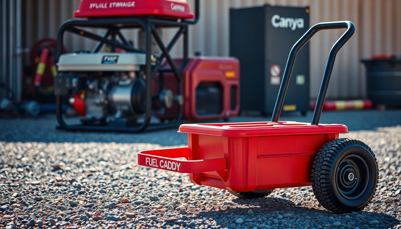 Fuel Caddy dispensing fuel into a generator outdoors, showcasing its portability and design.