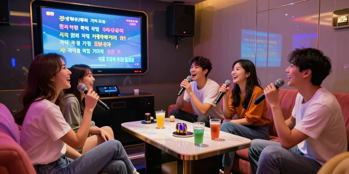 Exciting private karaoke session at 강남 유앤미 가라오케 with friends singing and enjoying the vibrant atmosphere.