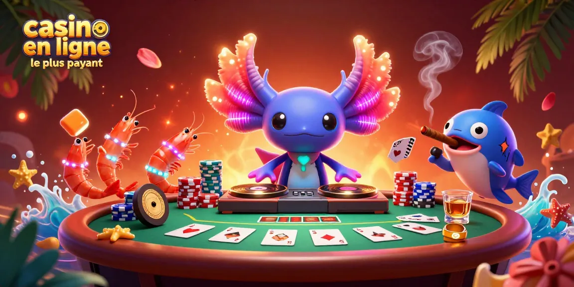 Une scène dynamique avec le casino en ligne le plus payant mettant en avant un DJ axolotl et des crevettes dansantes.