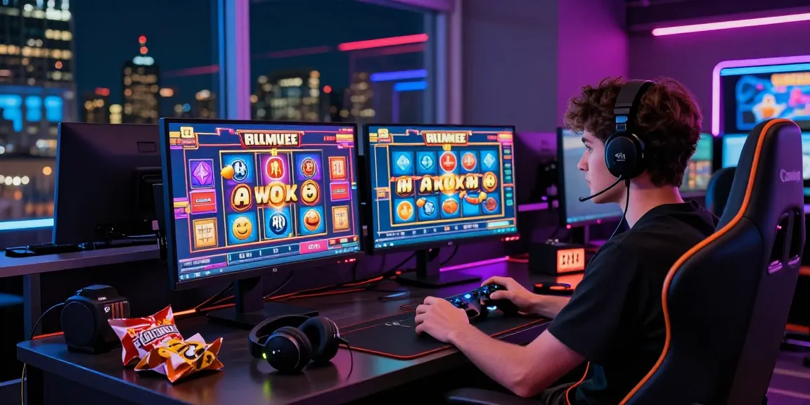 Engaged gamer enjoying slots with buy free spins on dual monitors in a modern casino setup.