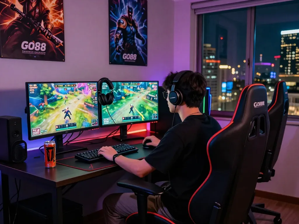 Gamer engaged in Go88 multiplayer gameplay in an immersive modern setup with vibrant lighting and high-tech equipment.