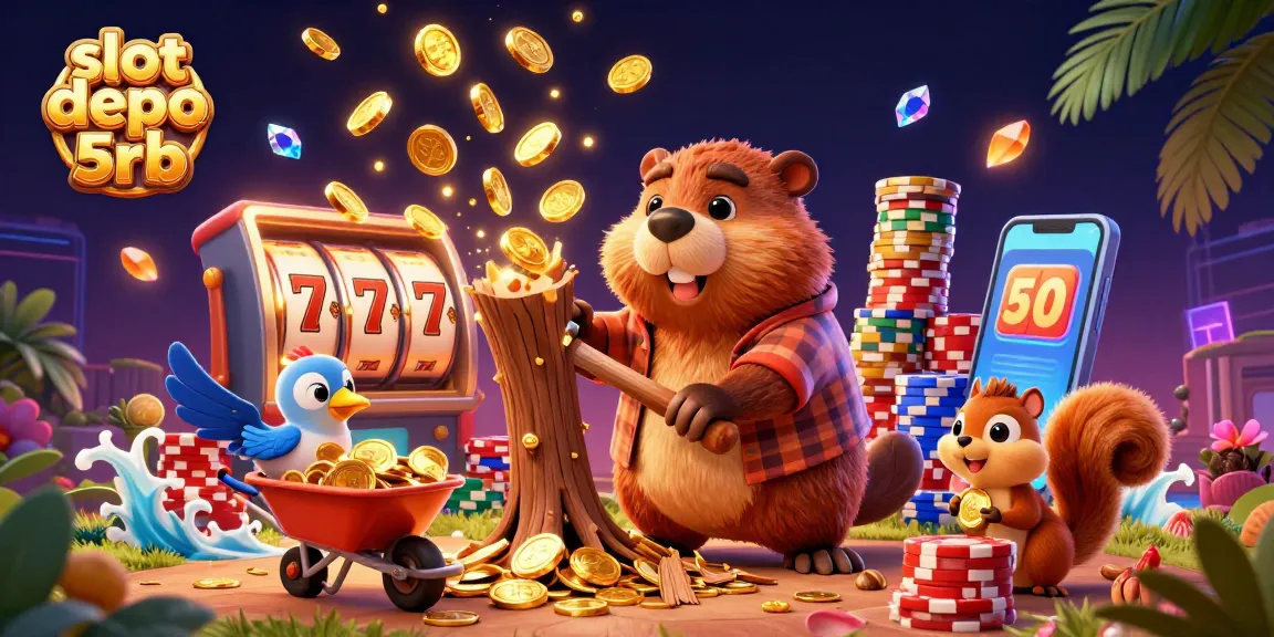 Spin the reels with slot depo 5rb and enjoy golden coin rewards in a vibrant casino scene.
