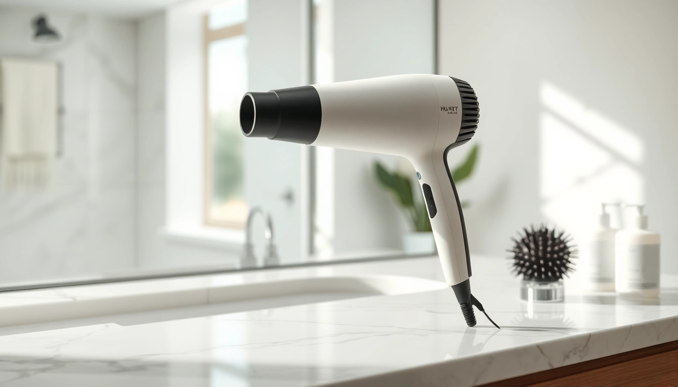 Using a hair dryer for fine hair in a stylish bathroom setting, showcasing its sleek design.