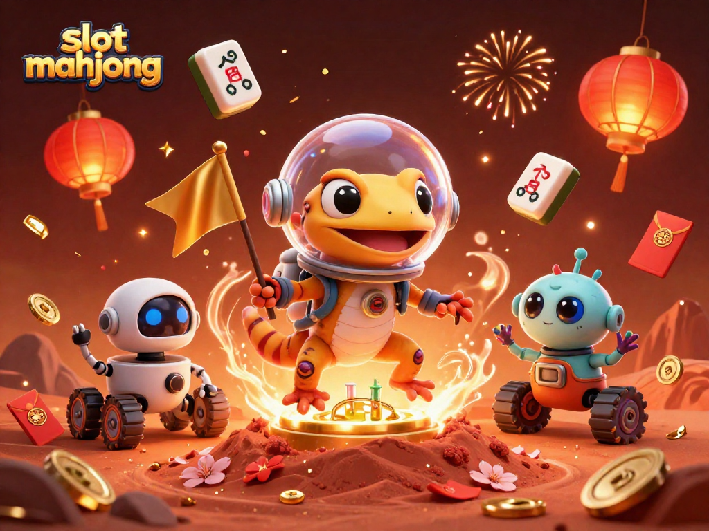 Slot Mahjong menghadirkan suasana menarik dengan karakter alien dan elemen merayakan keberuntungan.