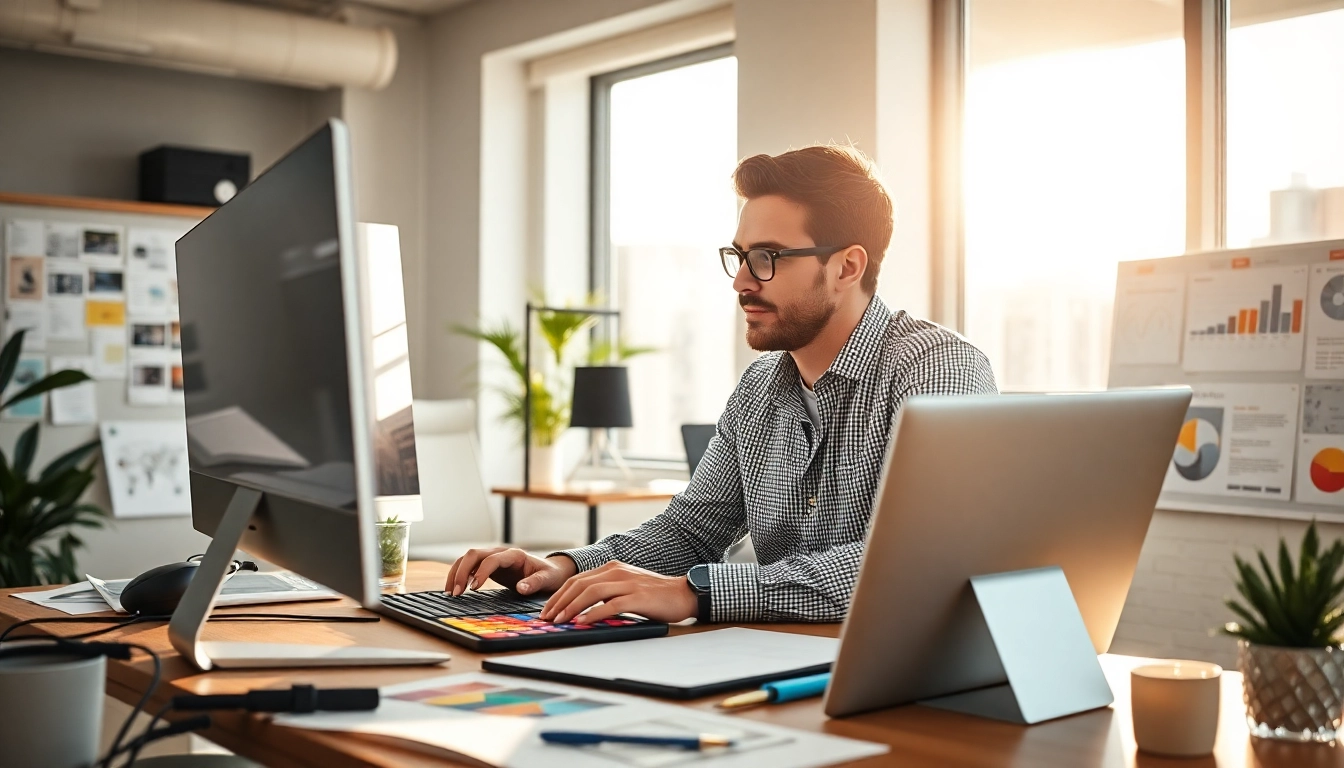 Website erstellen lassen: Designer arbeitet kreativ an Webprojekten in einem modernen Büro.