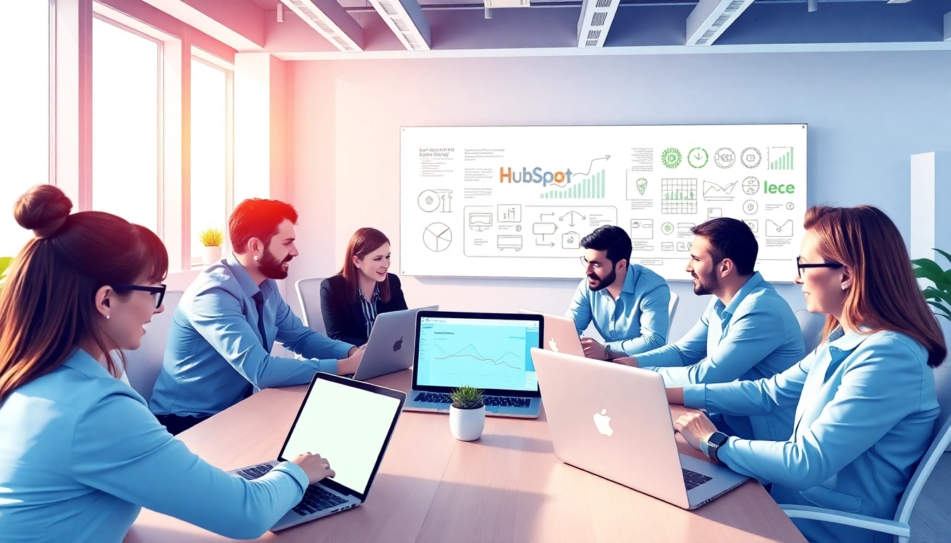 Engaging digital marketing team strategizing with agencia hubspot in a vibrant office environment.