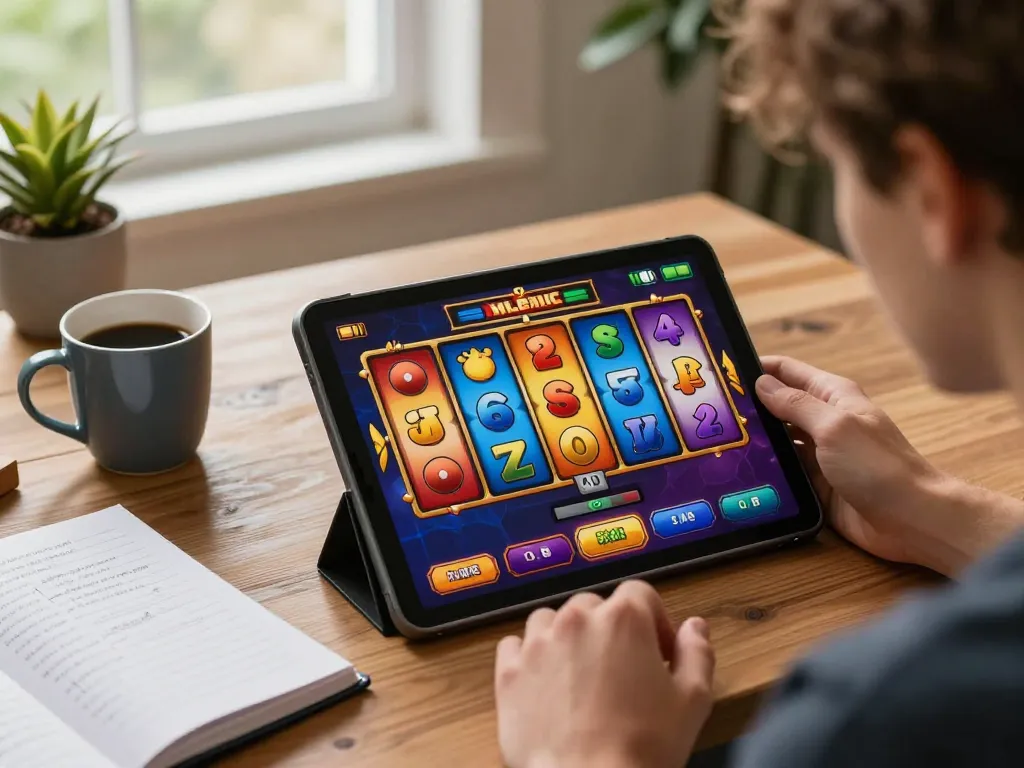 Player engaging with gtatoto online slots, experiencing exciting spins in a cozy living room setup.