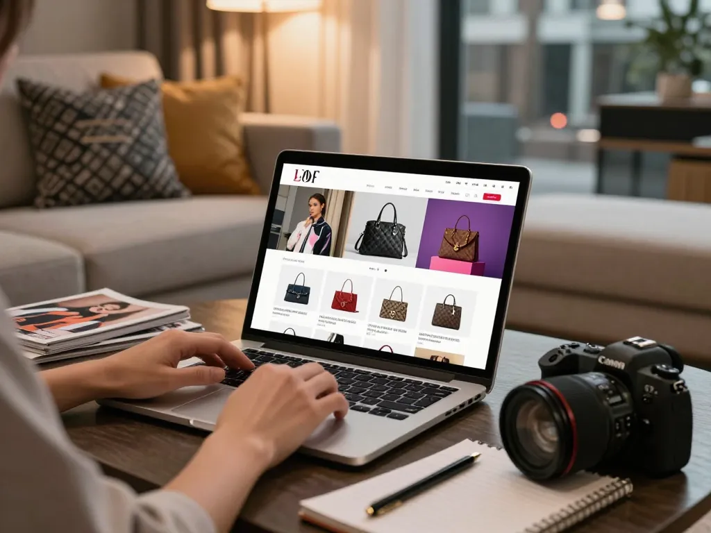 Browsing luxury replica products on https://shs-dome5.com/ in stylish living room.