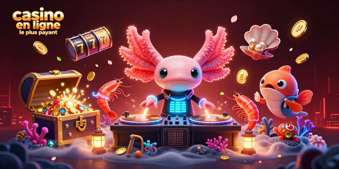 Visuel dynamique d'un casino en ligne le plus payant avec un DJ axolotl vibrant, des coques et des pièces d'or.
