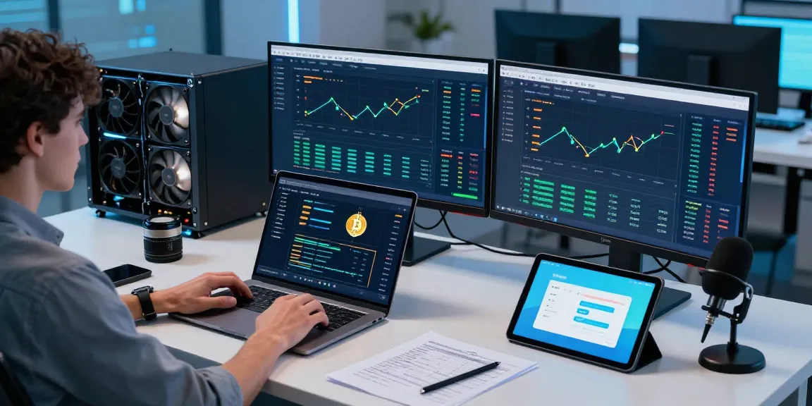 Trusted cloud mining company workspace with advanced mining stats on multiple screens, showcasing cryptocurrency innovations.