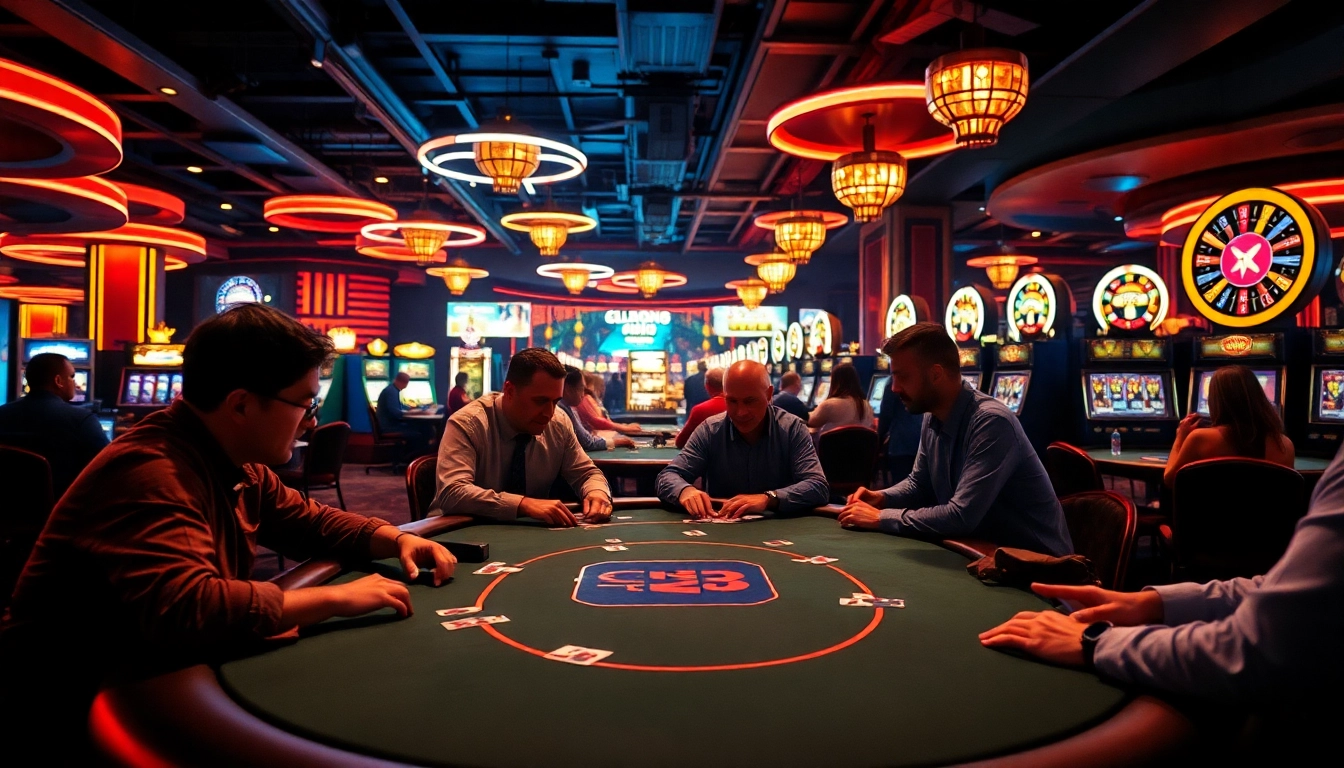 Main players enjoying games at MABAR88 Pulsa casino, surrounded by vibrant lights and a buzzing atmosphere.