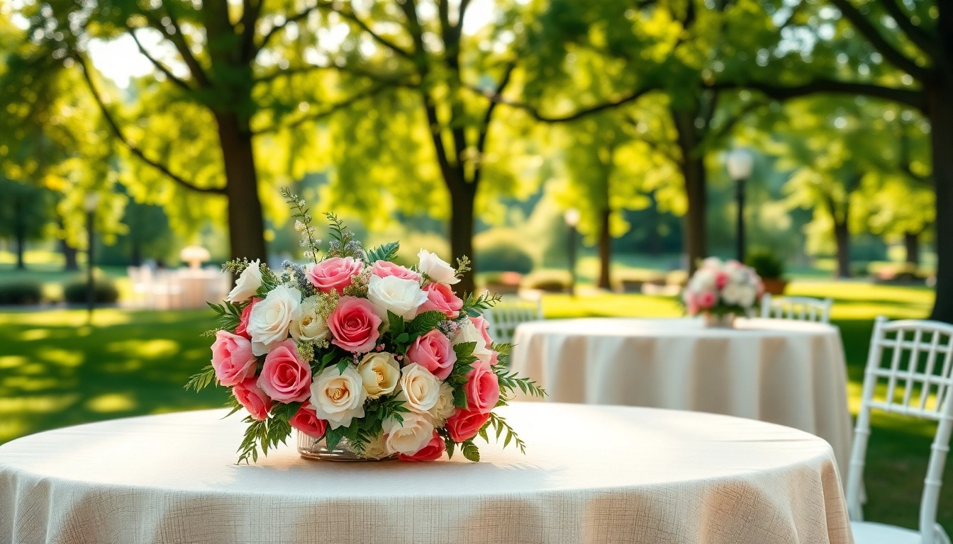 Stylish Table Rentals featured in a beautiful outdoor setting with floral decorations.
