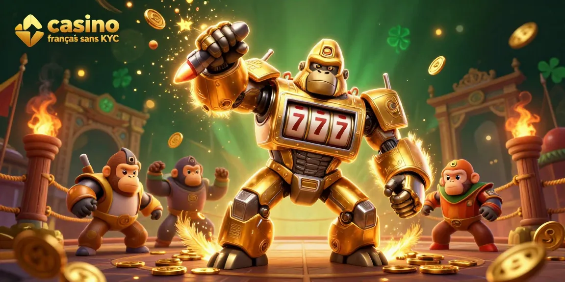 Jouez dans un casino français sans KYC avec un gorille mech doré et des explosions de pièces d'or.