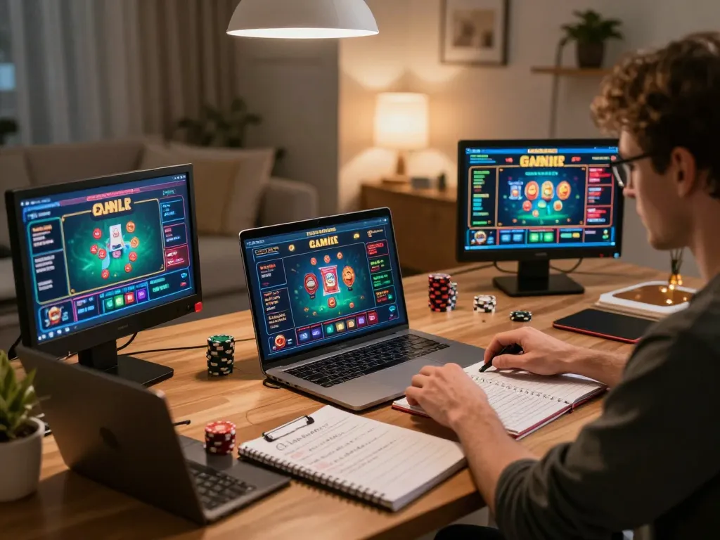Engaging gameplay at casino non aams per italiani in a cozy home environment with a laptop and strategy notes.