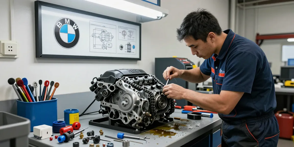 Professionelle Werkstatt mit Techniker, der die BMW Steuerkette wechselt und dabei hochwertige Teile verwendet.