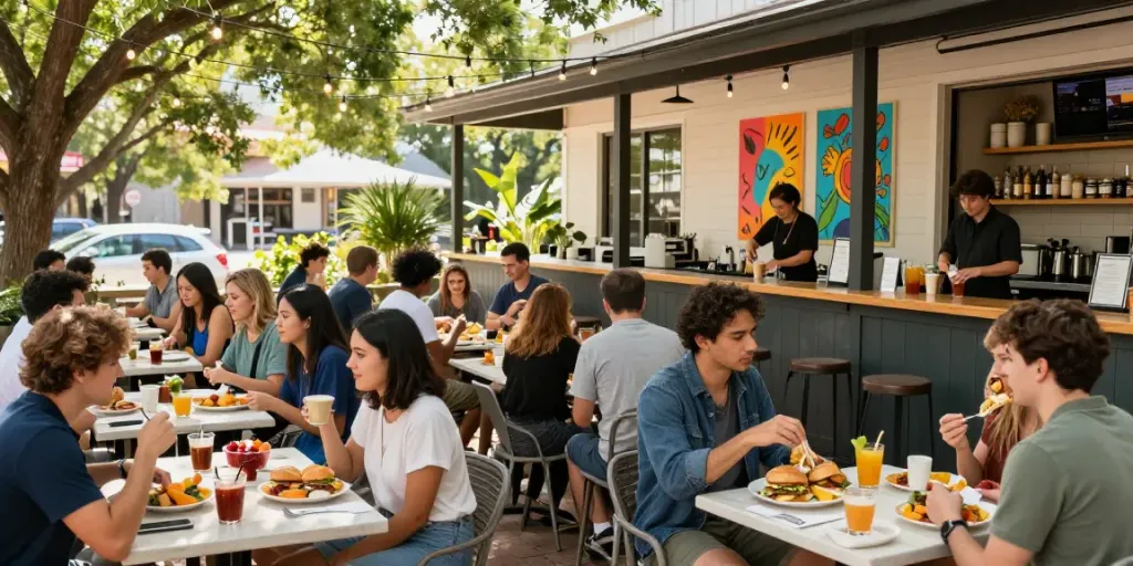 Enjoying the best brunch Austin offers with friends at a vibrant cafe, featuring NYC-inspired breakfast sandwiches.